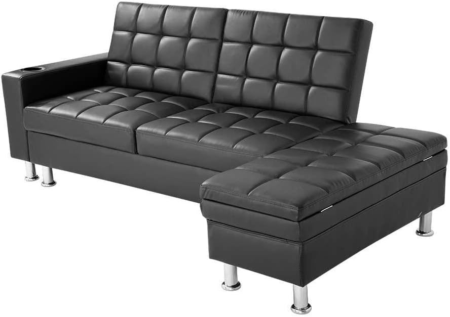 QAZWSX Deluxe Fauxレザーコーナーソファーベッドリクライナソ​​ファード3人の乗員の貯蔵のソファー付きソファーとカッ