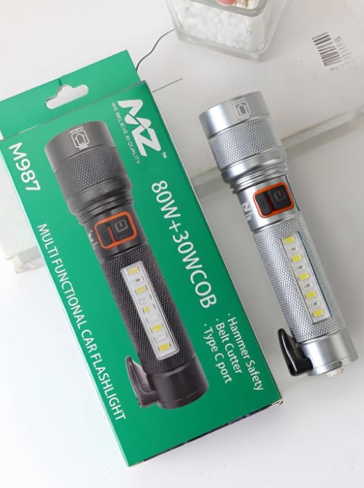 Image of MZ M987 Car Emergency Flashlight with Safety Hammer & Seatbelt Cutter,80W + 30W COB Zoomable LED Torch,5 Light Modes,700ft Long Range,Rechargeable via Type-C, IPX4 Waterproof (Silver)