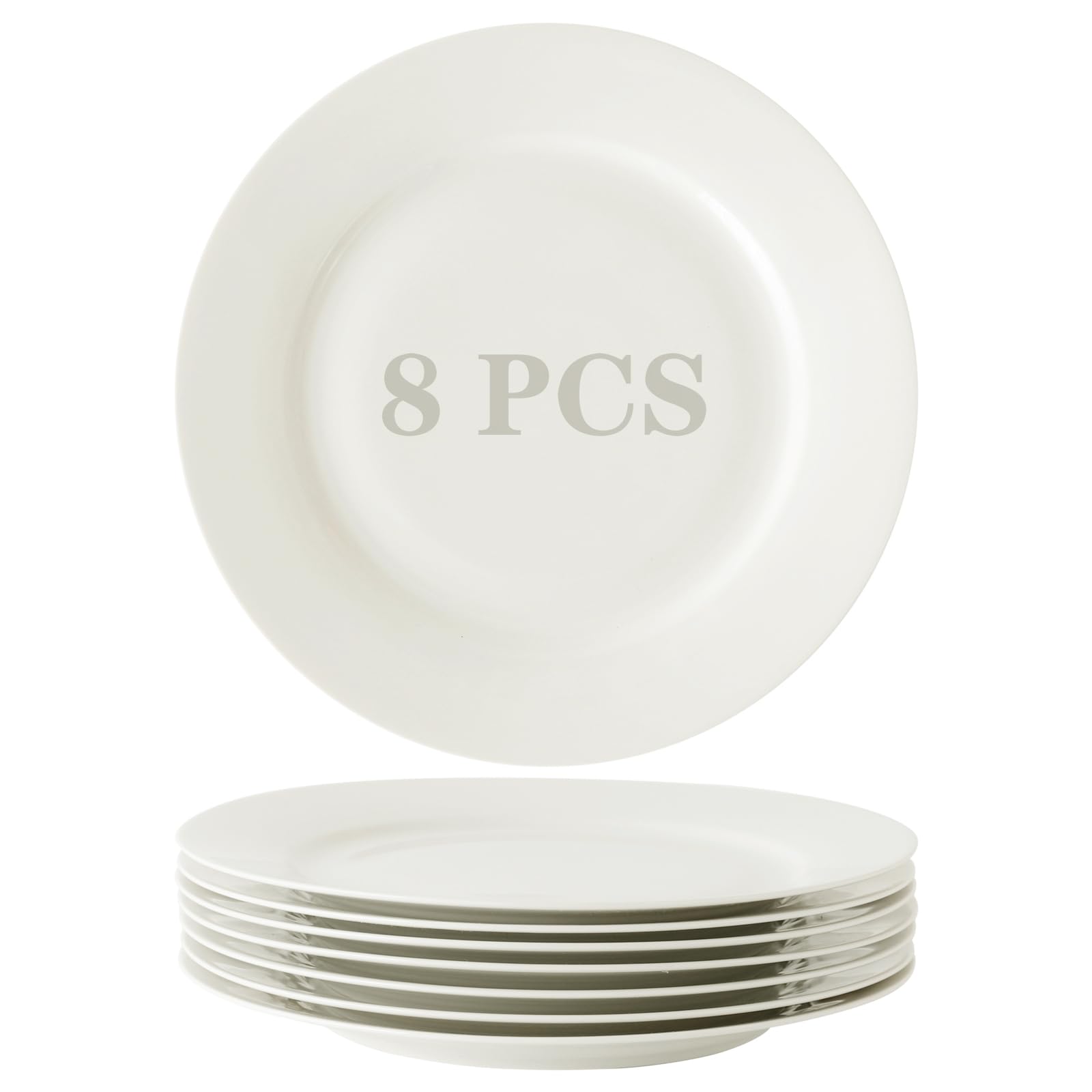 TAMAYKIM 10.5 Inch Porcelain Salad Dinner Plates 8 Pieces, Wide Rim Round Pasta Plates, Large Serving Dinnerware Sets, Scratch Resistant, Microwave,