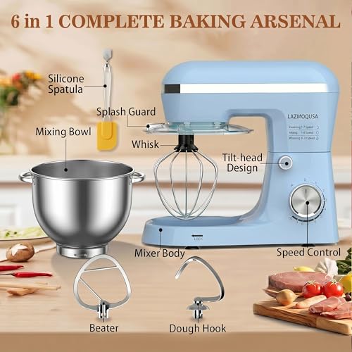 Image of Stand Mixer, 6.5 Quart, 660W, Tilt-Head Food Mixer with 10+ Speeds, Stainless Steel, Multifunctional, for Bread Dough and Cake (Blue)