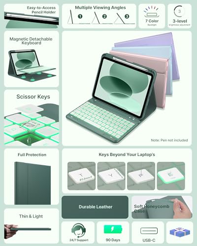 Image of typecase Folio Keyboard Case for iPad 10th Gen 10.9 inch (2022) and iPad 11th (A16, 2025), Magnetic Wireless Detachable Keyboard, 7-Color Backlight, Thin & Light, Pencil Holder - Midnight Green