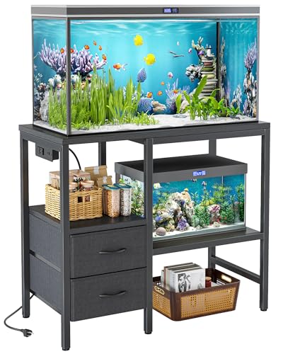 TIQLAB 20-29 Gallon Multi - Tier Aquarium Stand with Storage Drawers & Shelf, Sturdy Metal Frame for Fish Tanks with Power Outlet, 30.7' L*13.8' W Tabletop, Black