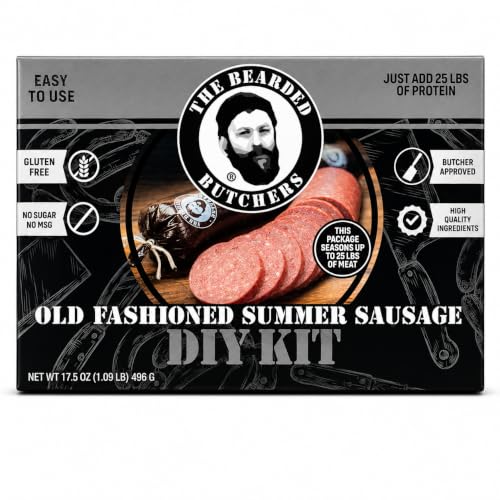 Bearded Butchers Old Fashioned Summer Sausage DIY Kit Seasons Up to 25 lbs of Meat for Authentic Homemade Sausage Includes Salt & Pepper Curing Salt Garlic Citric Acid and Inedible Fibrous Casings