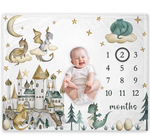 Image of Yuzioey Dragon Milestone Blanket, Dragon Fairy Tale Baby Growth Chart Monthly Blanket, Watch Me Grow Dragon Baby Nursery for New Moms Baby Shower(50"x40")