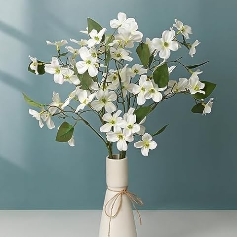 LIUCOGXI 4 Pcs Dogwood Flowers Floral Arrangements Artificial Silk Bouquet White for Home Wedding Bridal Bouquet Kitchen Table Vase Decoration Cover