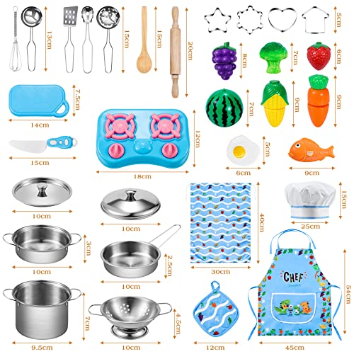 lenbest Kinderküche Zubehör - Spielküche Zubehör Holz Edelstahl Pfannenset | Lebensmittel | Schürze Kinder - Matschküche… – Bild 7