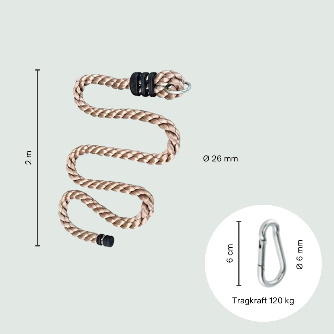 Corde D'Escalade Enfant 200 Cm Avec 4 Nœuds + Mousqueton - Pour Tour De Jeu Et Aventure