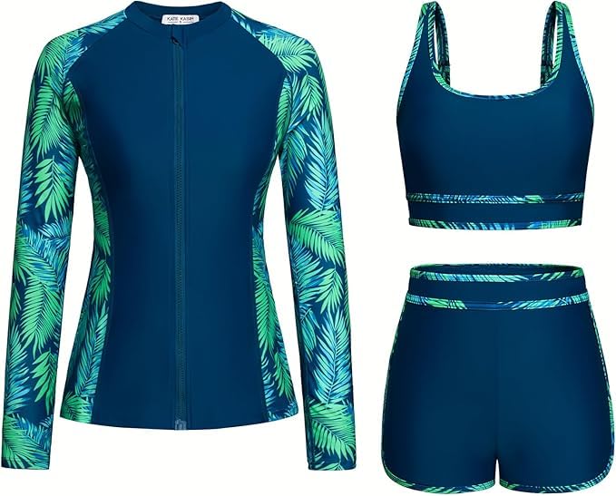 Kate Kasin Damen 3-teiliges Rashguard-Badeshirt, langärmelig, LSF 50+, Badeanzug, Reißverschluss, Farbblock, Badeanzüge mit Boyshort
