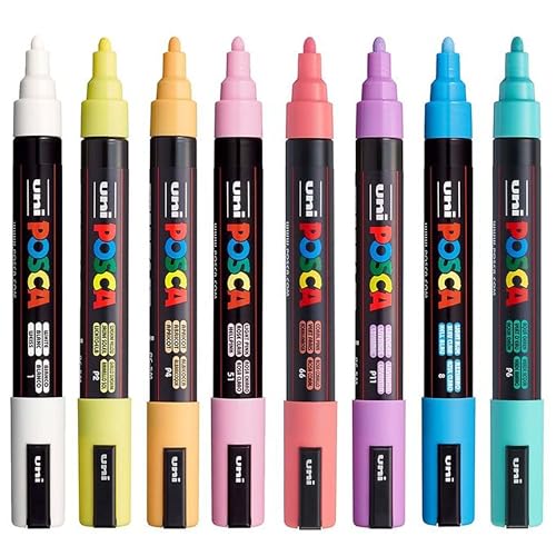 Image of Posca Markers Set, 8 Medium Paint Markers 5M - Soft Tones - White, Sunshine Yellow, Apricot, Light Pink, Coral, Lavender, Light Blue, Aqua Green