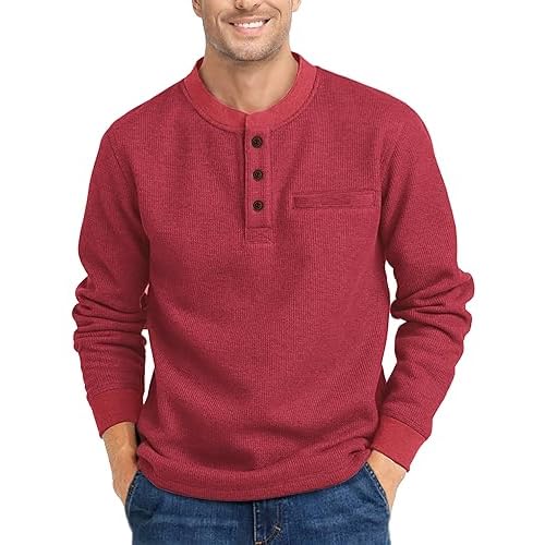 ZITY Long Sleeve Henley Shirts for Men Casual Waffle Thermal Fashion Pullover 3-Button T-Shirt with Pocket Medium Red