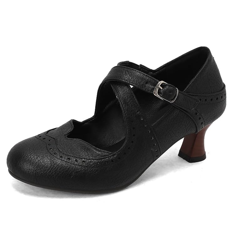 Women Brogue Mary Jane Pumps Spool Heel with Belt Buckle