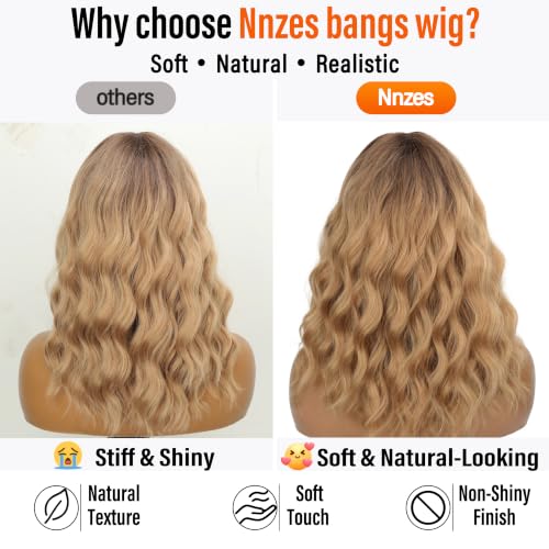 Image of Nnzes Blonde with Light Brown Wig with Bangs for Women Shoulder Length Bob Wavy Charming Synthetic Wigs with Natural Curly Heat Resistant Hair