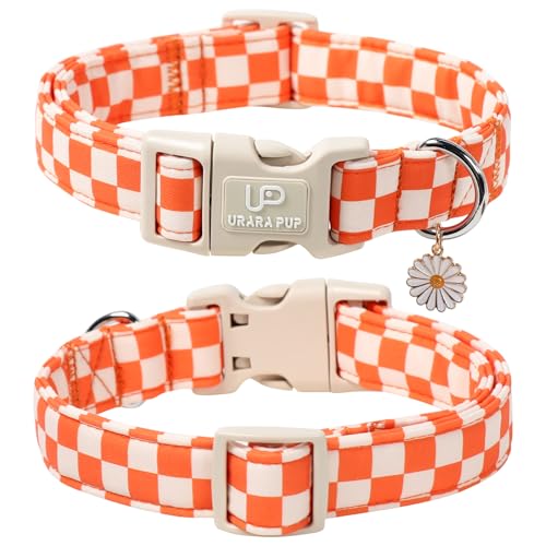 Image of Gingham Fall Dog Collar - Adjustable Orange Picnic Checkered Dog Collar with Daisy Pendant, Classic Autumn Dogs Collars for Girl Boy Dogs