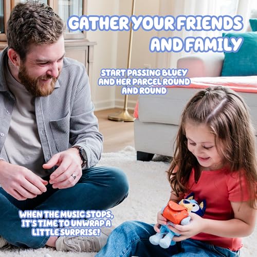 Image of Bluey Pass the Parcel Musical Game, Soft 8 inch (20cm) Plush, Game for Kids | Huggable fun family game, children's party game or preschool game, three interactive kids games to play, including hot botato