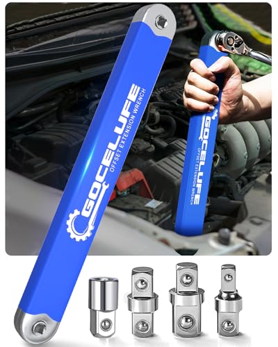 Image of Offset Extension Wrench Impact - Tight Reach Wrench Set with Universal Square Drive Adapters (1 /4 inch, 3 /8 inch, 1 /2 inch) - Ideal for Tight Spaces - Unique Tool gifts for Mechanic Men Dad (Blue)