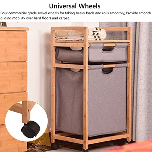 Multi-Function Storage Trolley Organizer Cart Bamboo 2 Compartment Laundry Basket with Pull Out Hamper & Storage Shelf, Nursery Laundry Sorter Cart with Wheels for Boys Girls Clothes