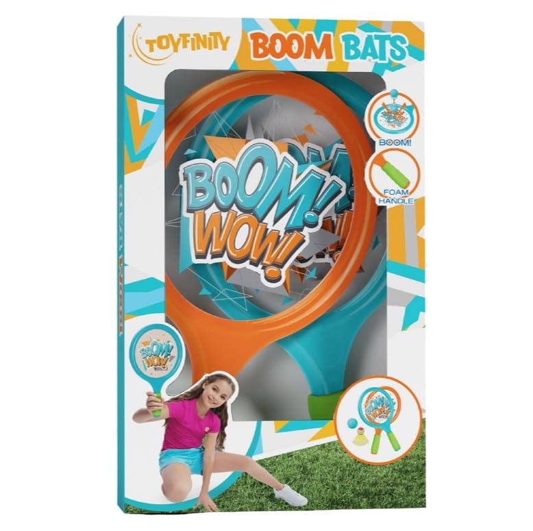 TOYFINITY Boom Bats Racket Set, Outdoor Garden Mini Tennis and Badminton Style Game with 37cm Foam Handle Paddles, Shuttlecock and Bouncy Ball for Beach, Park Play
