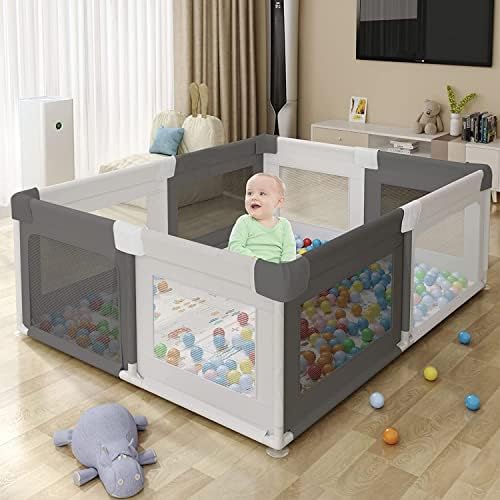 Baby Playpen with Suction Cups Breathable Mesh Compact Playpen Extra Large Sturdy Safety Play Yard Kids Activity Center Stable Foldable for Toddler Kids Indoor Outdoor 71”x60”x27”