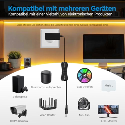 Gonew21 12V Netzteil 2A - AC Adapter Netzteil 12V, Transformator Universal, 2 Meter Kabel, Eingang 100-240V… – Ansicht 4