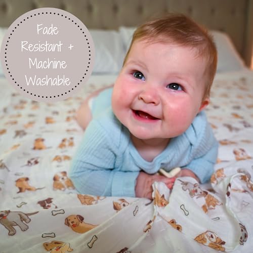 Image of LollyBanks 100% Cotton Baby Blankets 2 Pack, Gentle and Soft Muslin Swaddle Blanket for Girls, Lightweight 47 x 47 Inches Newborn Receiving Blanket, Newborn Essentials Must Haves (Puppies and Tan)