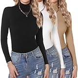 Aottori Camiseta Cuello Alto Mujer Pack 3 Manga Larga Básica Tops Elegante Ropa Interior Blusas Shirt Ajustado Elástico Liso Ligero Casual Túnica Negro+Blanco+Caqui S