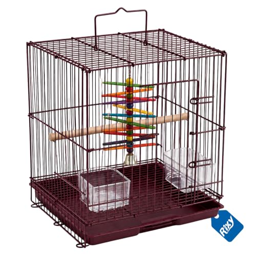 Image of Rixy Metal Bird Cage - 12 inch (1 feet) | Free Hanging Toy (1) | Habitat Cage with Perch (1) + Food & Water Feeder Cups (2) for Budgies, Lovebirds, Finches, Canaries & Baby Chicks (Colour May Vary)