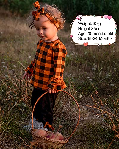 Toddler Baby Girl Clothes Plaid Ruffle Long Sleeve Top with Headband Bowknot Pants Set Girls Fall Winter Outfit - Thumbnail 2