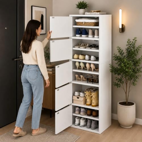 Image of 5-Door Engineered Wood Shoe Rack, 11-Tier Wooden Shoe Rack for Entryway, Shoe Storage Cabinet with Doors Adjustable Shelves, Wooden Shoes Rack Organizer - NEW (White, 7 - Layer)