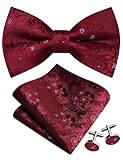 Gusleson Burgundy Bow Tie and Pocket Square Set for Men Floral Pre-Tied Bowties Cufflinks for Wedding (UK0493-05)