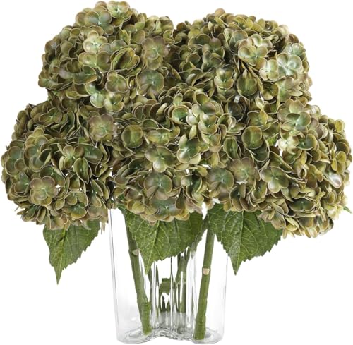 LEUCHTAMOR 3pcs Artificial Hydrangea Flowers Olive Green Real Touch Hydrangea Flower Bouquet Fake Hydrangeas for Wedding Parties Party Office Home Decor