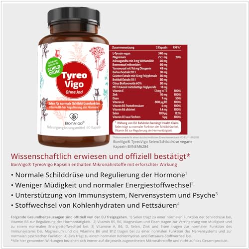 BonVigo® Power DU0 240 Kapseln - 2x SCHILDDRÜSE / 2x GUTE LAUNE Ideale Ergänzung - Es tragen bei zu normaler Funktion von Schilddrüse und Immunsystem (Selen), Psyche und Nervensystem (Vitamin B6)