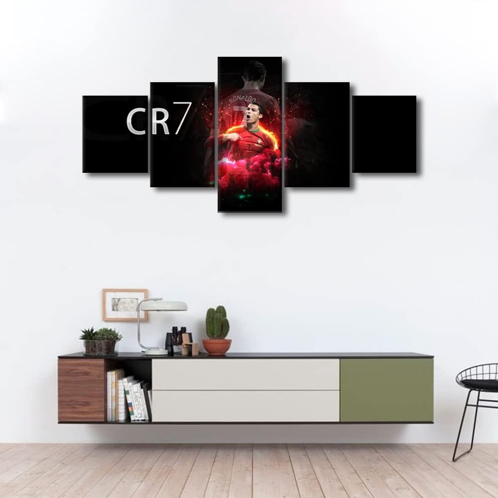 CR7 Cristiano Ronaldo Sports Pictures Football Star Paintings 5 Panel Canvas Wall Art Inspirational Sport Artwok Contemporary Home Decor for Living Room Giclee Framed Ready to Hang Posters 50x24 in
