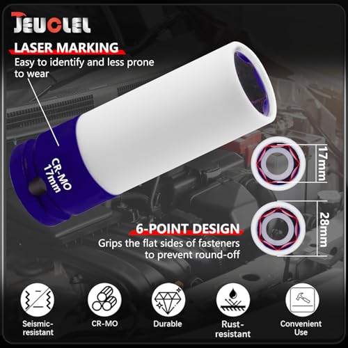 Image of 17mm 1 /2 inchDrive Wheel Protector Impact Socket, Lug Nut Impact Socket | 6 Point, Non-Marring, Thin Wall, Deep Socket, Wheel Protector, Protective Socket, Color-Coded, Cr-Mo Steel, Hand Repair Tool