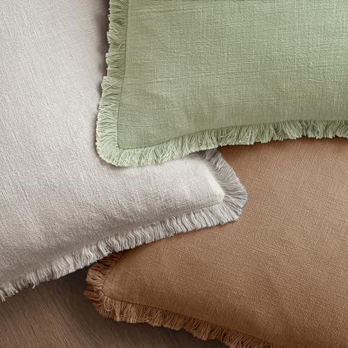 Image of MIULEE Decorative Throw Pillow Covers Neutral Linen Fringe Throw Pillows Euro Shams Set of 2 Sage Green Boho Farmhouse Cushion Covers for Couch Sofa Bed Living Room Spring Home Decor 24x24 Inch