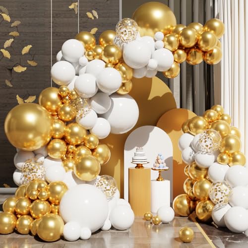 White and Gold Balloons Arch Kit 131Pcs Gold Latex Balloons Different Size Gold and White Balloons for Wedding Engagements Birthday Bridal Shower Anniversary