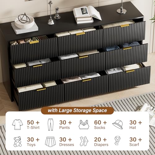 Image of Furniway 3 Piece Bedroom Set, 9 Drawer Dresser and Nightstand Set of 2 with Gold Handles, Modern Wood Chest of Drawers Storage Cabinet for Bedroom, Black