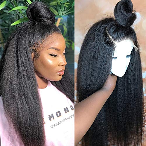 4X4 Lace Front Wig Human Hair 26 Inch Long Wig Kinky Straigh Closure Wig Unprocessed Indian Virgin Hair Light Yaki Wig For Women Preplucked Bleacded Knots Natural Color