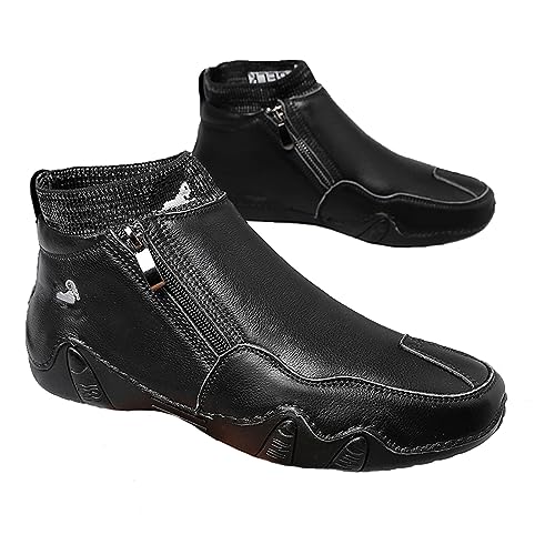 RiceelSor Men's Leather Casual Hand-Stitching Side Zipper High Top Loafers Fully Fur Lined Warm Ankle Boots Non-Slip Waterproof For Office Dress Driving Chukka Boot