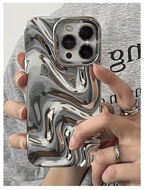 Image of COVERLY Metallic Silver Swirl Back Case for iPhone 14 Plus | Hot Minimalist Faux Wave Cute Design | Camera Lens Protection | Soft Silicone Fashion Aesthetic Cover for Girls & Women (Silver,Shockproof)