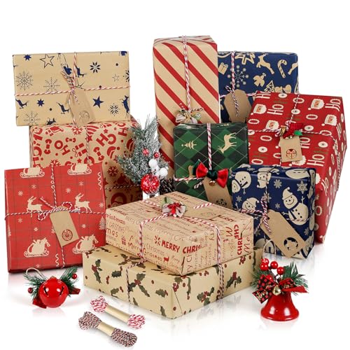 Christmas Wrapping Paper Sheets Xmas Gift Wrap Set 70 * 50cm 10Sheet Luxury Traditional Red Blue Kraft Paper with Strings&Tags Family Friends Present Decorations for Festival Holiday Party New Year