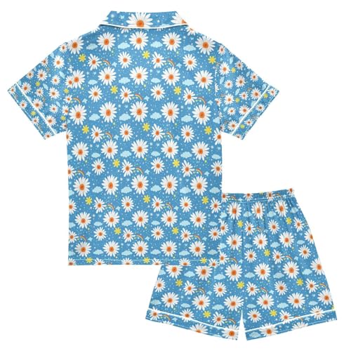senya Rainbow Daisies Blue Satin Summer Pajama Sets Silk Short Sleeve Button Down Sleepwear2