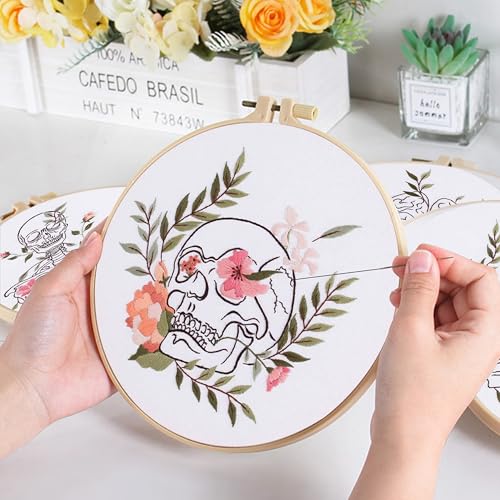Image of KEKEMEOW 4 Pack Skeleton Flower Embroidery Starters Kit for Beginners Embroidery Starting Sets for Adults with Stamped Patterns Colorful Threads Step by Step Instructions Hoop Needles Tools