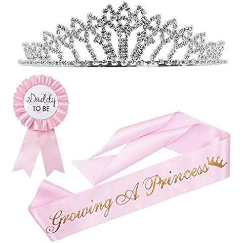 "Growing a Princess" Sash & "Daddy to be" Button Pin & Rhinestone Tiara Kit - Baby Shower Sash Princess Baby Shower Baby Sprinkle (Pink & Gold) Cover