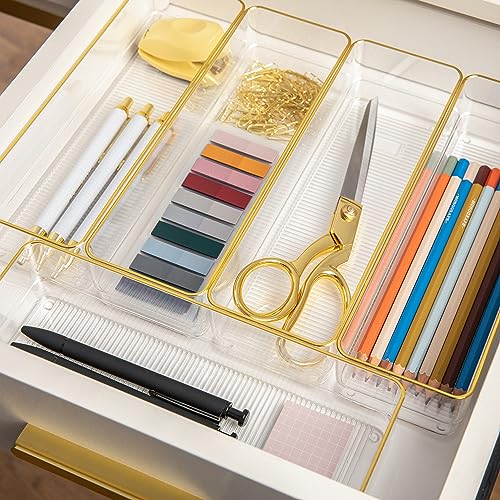 Image of Martha Stewart Kerry Plastic Stackable Office Desk Drawer Organizers, 12 inch x 3 inch, 6 Pack, with Gold Trim