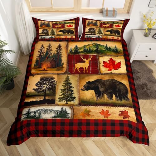 Bear Cabin Plaid Duvet Cover King, Rustic Farmhouse Comforter Cover,