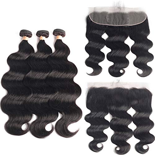 Beaudiva Hair Body Wave Bundles with Frontal (16 18 20+14Frontal) 13×4 Lace Frontal Unprocessed 7A Brazilian Body Wave Human Hair Double Weft with Lace Frontal