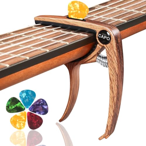 Kapodaster für Gitarre Capo Gitarre - Capodaster, Kapodaster Gitarre, inklusive 5 Plektren, für Akustikgitarre, E-Gitarre - Gitarren Equipment – Holzfarbe