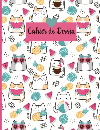 Cahier de Dessin pour Adultes et Enfants thème Chats Kawaii en été: Grand cahier vierge 100 pages à remplir | Carnet pour dessin, peinture, aquarelle, esquisse, croquis, coloriage | 21.59 x 27.94 cm