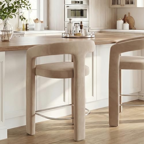 Image of HNY Modern Barrel Bar Stool, 26 Inch Upholstered Velvet Counter Height Barstool with Open Back and Armrests, for Kitchen Island, Home Bar, Dining Room, No Assembly, Khaki