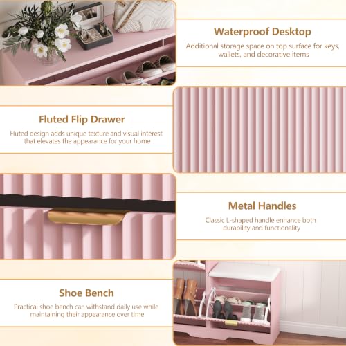 Image of HUANLEGO Shoe Cabinet Storage for Entryway with Flip Drawer & Bench, Pink | Fluted Shoe Cabinet with Bench, Hidden Shoe Rack for Entryway, Freestanding Narrow Shoe Organizer for Hallway, Entrance
